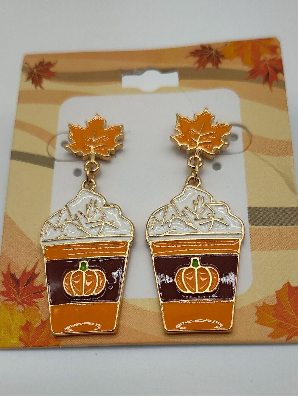 Pumpkin Spice Coffee Earrings Fall Maple Leaf Dangle Enamel Gold Tone